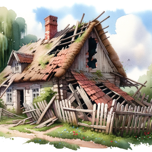 DALL·E 2023-10-18 16.34.36 - Watercolor painting of a countryside cottage that's falling apart. The fence is broken in multiple places, the chimney is tilting to one side, and the