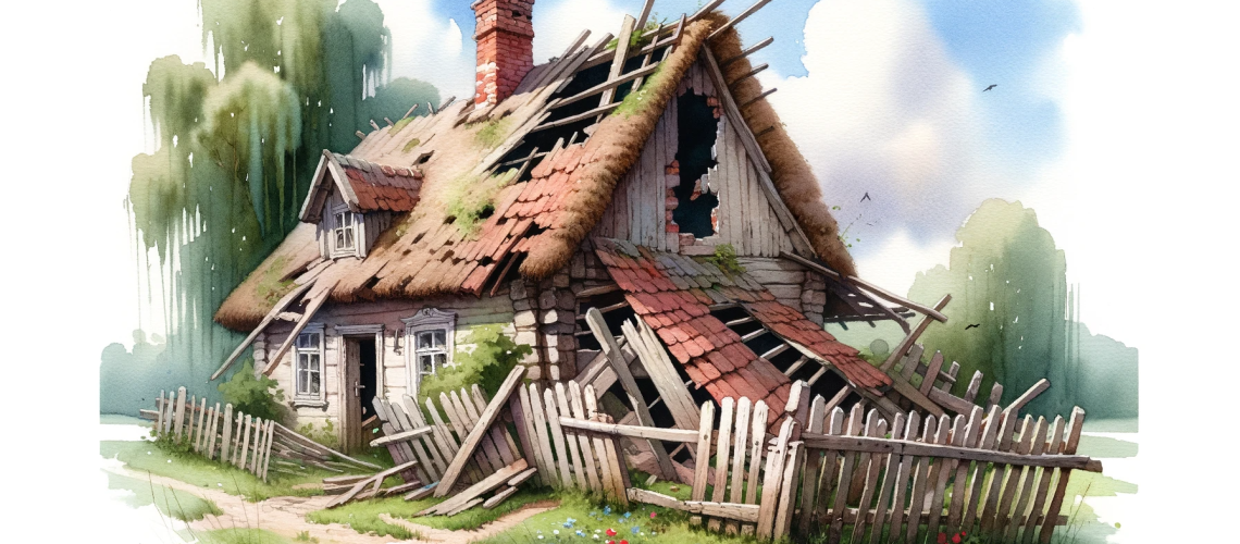 DALL·E 2023-10-18 16.34.36 - Watercolor painting of a countryside cottage that's falling apart. The fence is broken in multiple places, the chimney is tilting to one side, and the